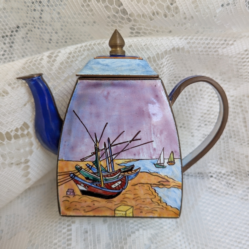 Art Enamel Over Metal Mini Tea Pot Fishing Boats Beach Vincent Van Gogh Chen?